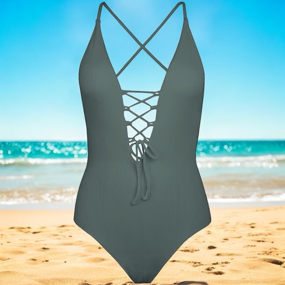 NEW Cupshe Ribbed Sage Green V-Neck Lacey Vacation One Piece Swimsuit Size S